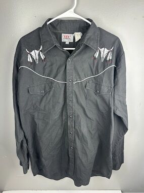 ELY DIAMOND Charcoal Western Button Shirt with Skull & Feather Embroidery